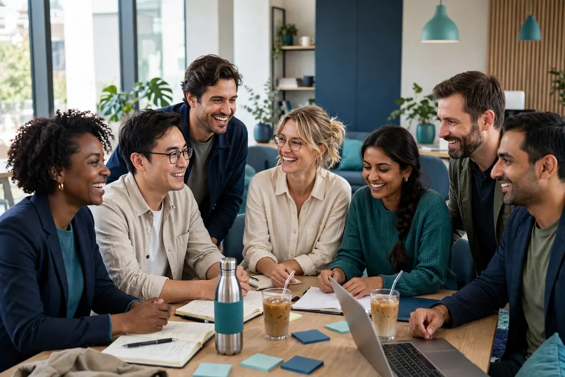 Marketing team collaborating in a bright modern agency office