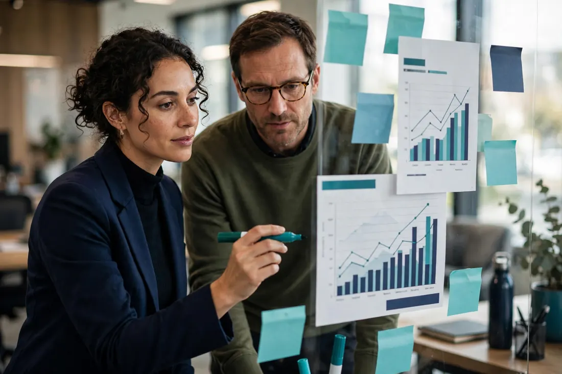 Marketing strategists reviewing performance charts on a glass wall