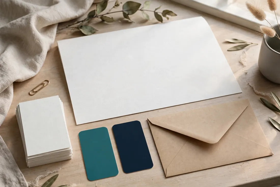 Premium branding stationery mockup with business cards and color swatches