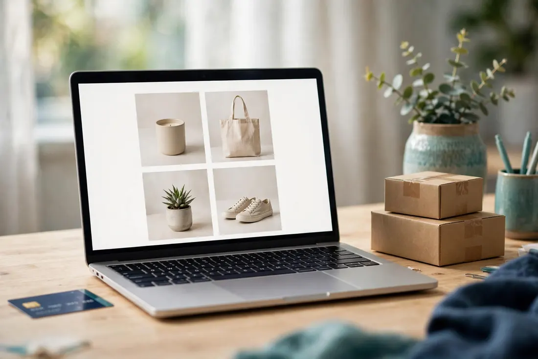 Laptop showing an online store with a product grid and parcel boxes