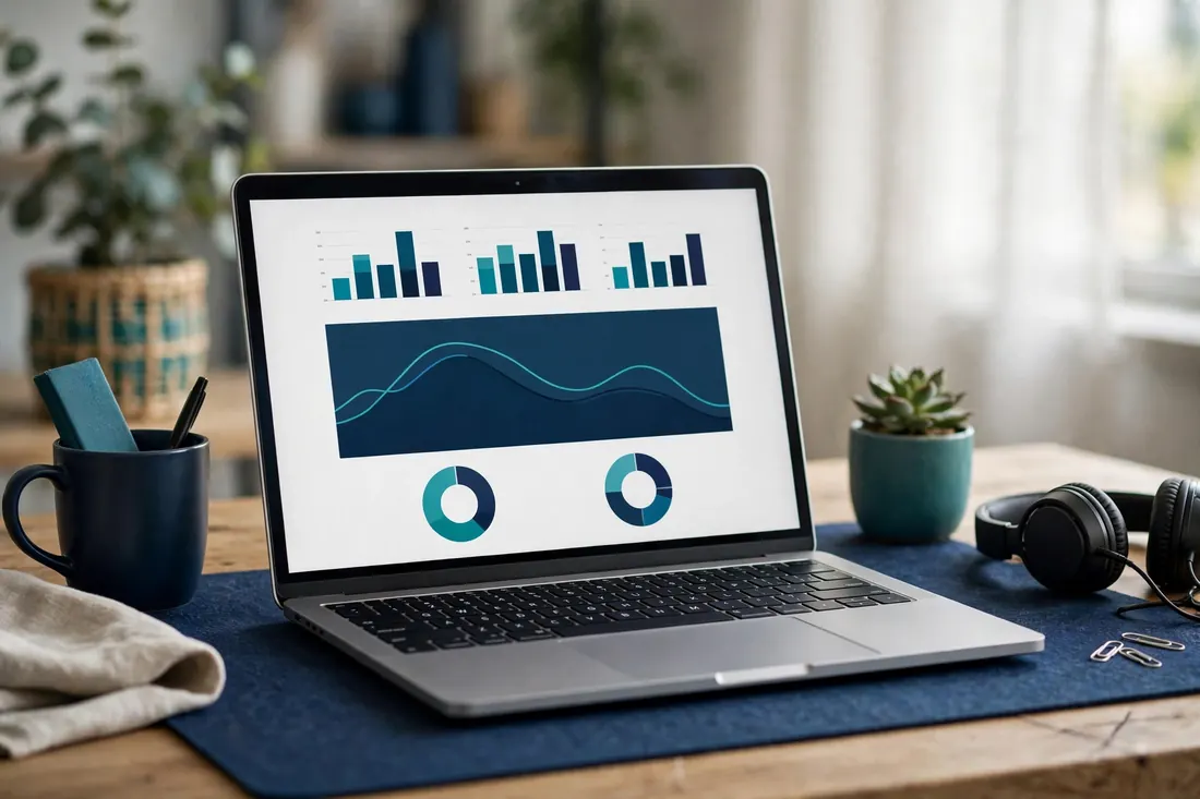 Laptop showing an advertising campaign dashboard with performance charts