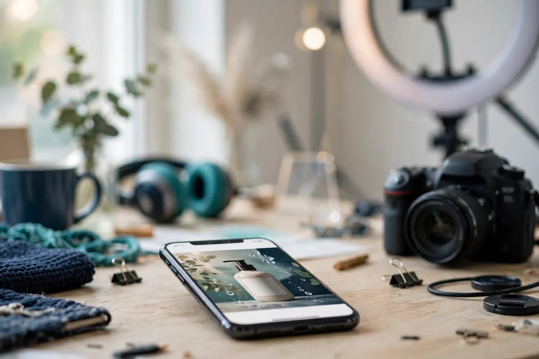 Smartphone showing a social media ad creative on a creator's desk