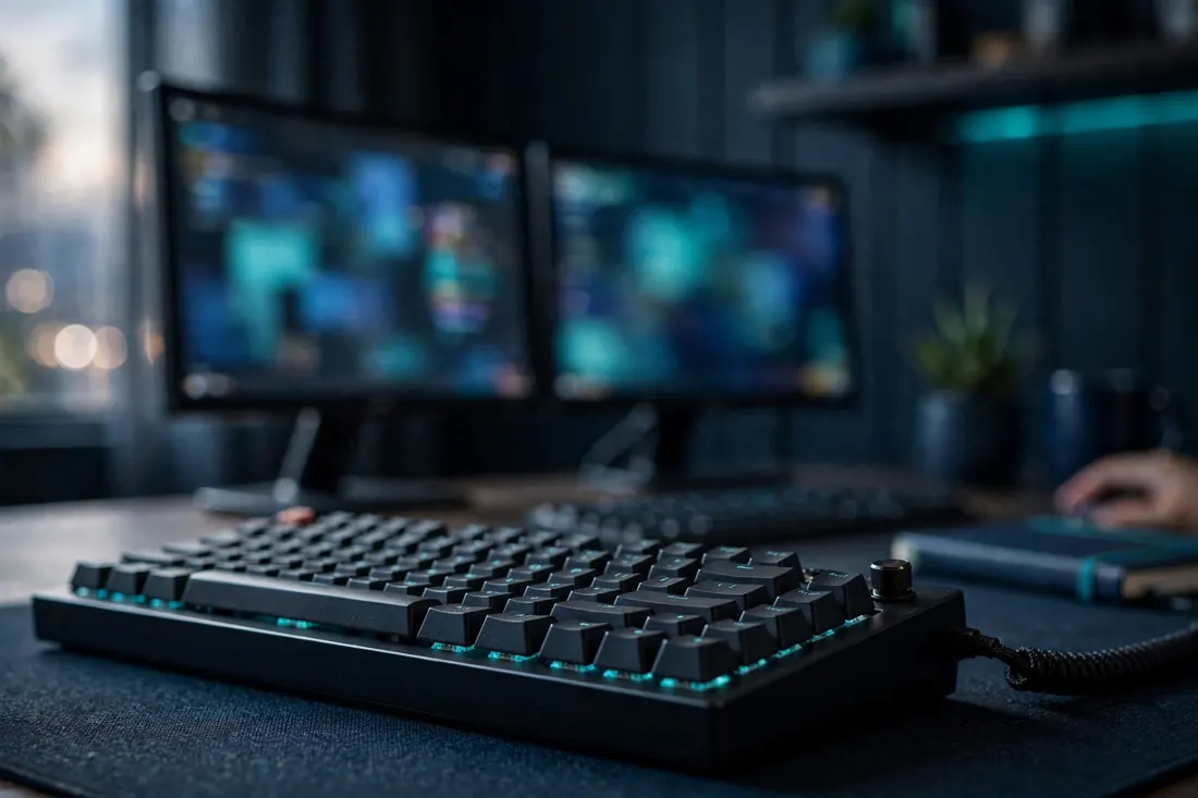 Developer workspace with dual monitors showing website code
